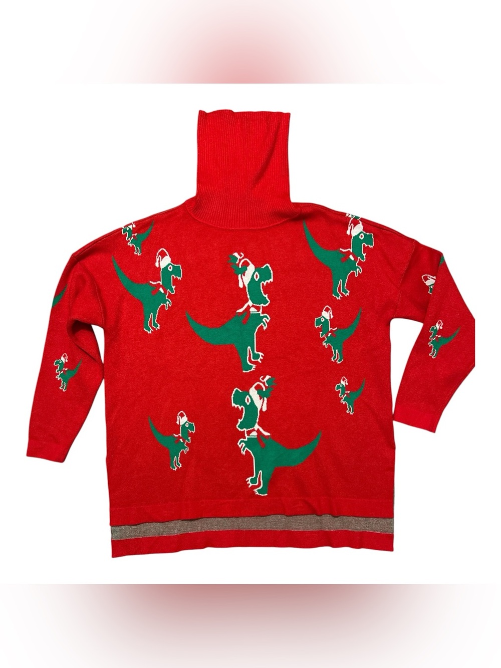 Womens Small Christmas Sweater Santa Dinosaur T Rex Red Turtleneck Ugly Xmas